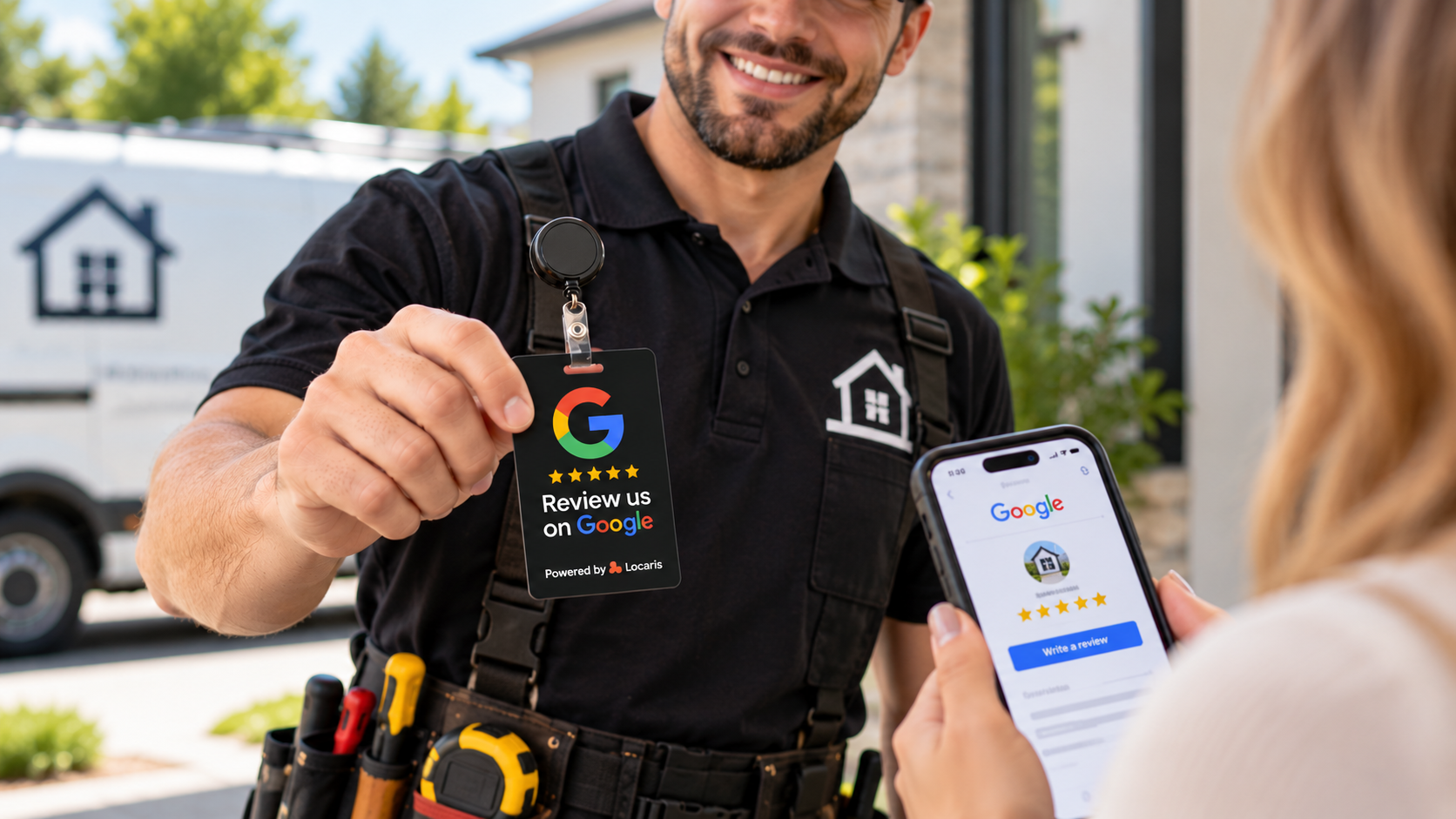 A technician shares a Locaris Google Review NFC badge reel with a customer